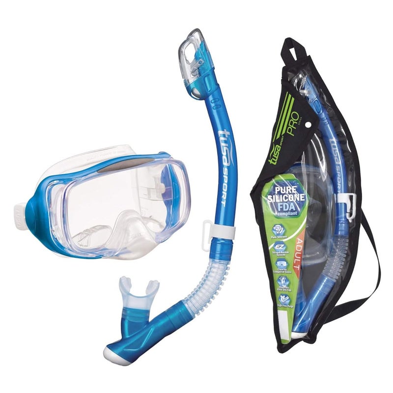 TUSA Sport Adult Imprex 3D Purge Mask and Dry Snorkel Combo, Fishtail Blue (w/Reusable Bag), UC-3325P-FB - Image 1